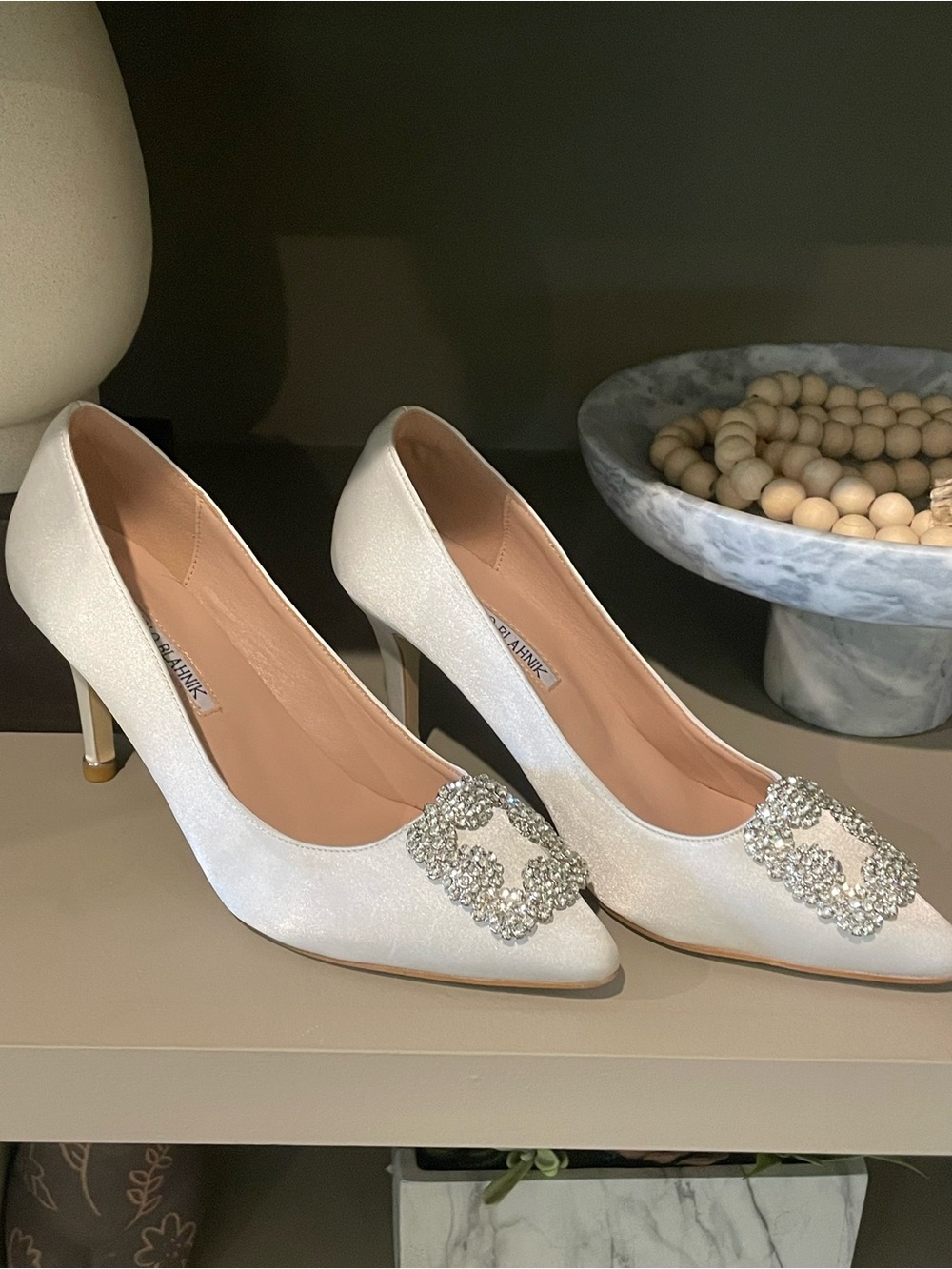 White Satin Crystal Buckle Pumps
